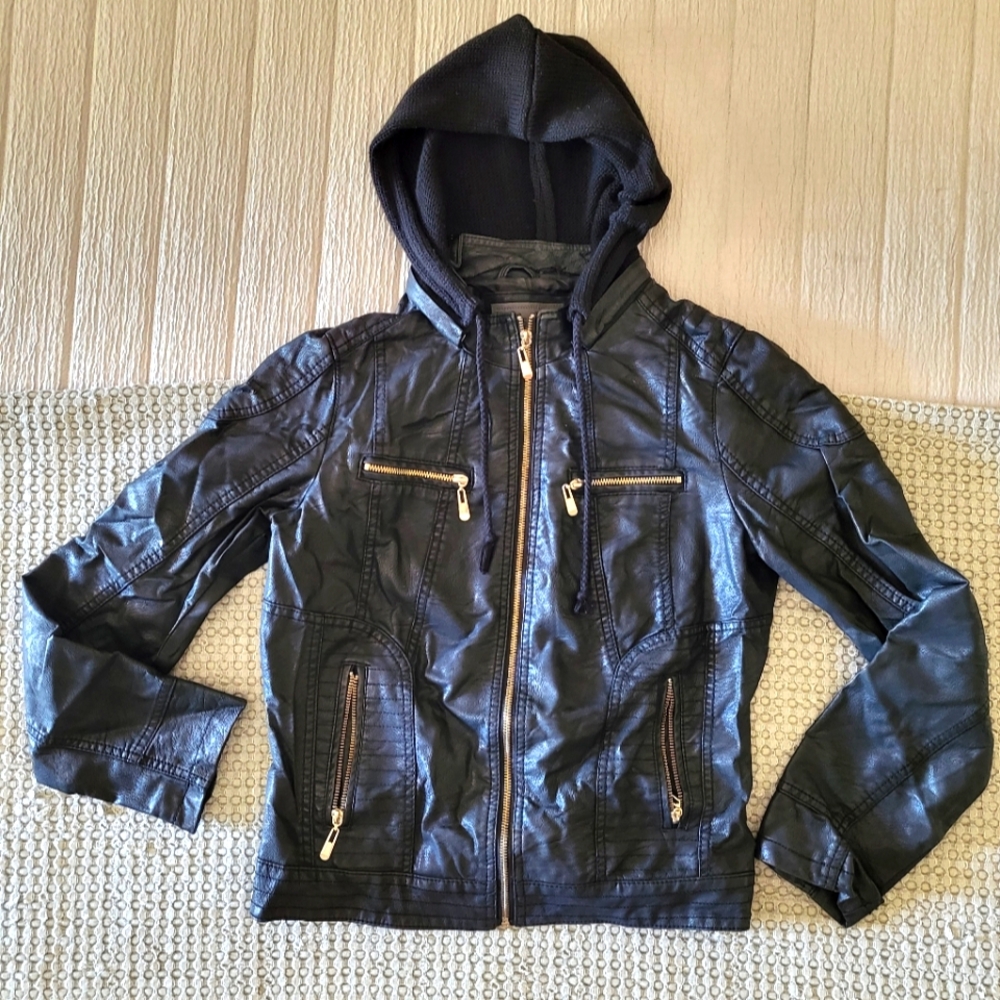 🌻Ci Sono Black Faux Leather Jacket with Removable Hood